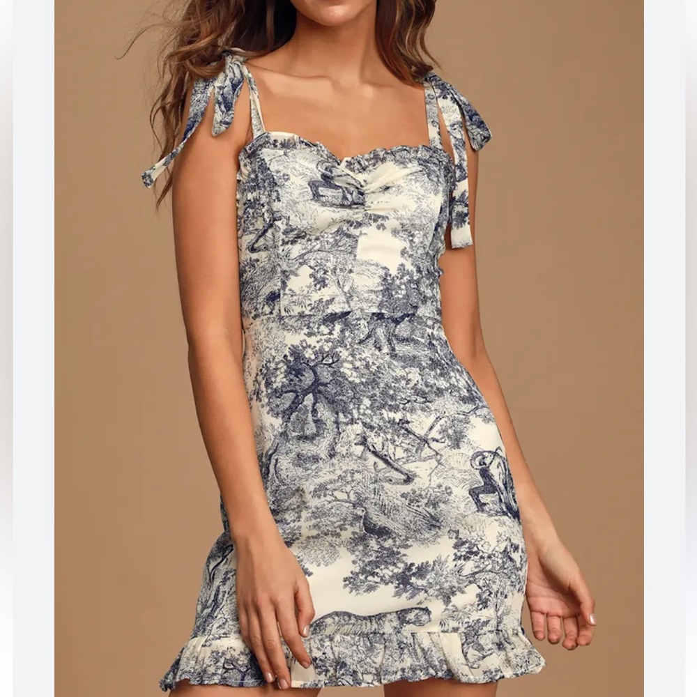 Lulus size xs Breeze the Day Blue and White Print Tie-Strap Mini Dress - Picture 3 of 9